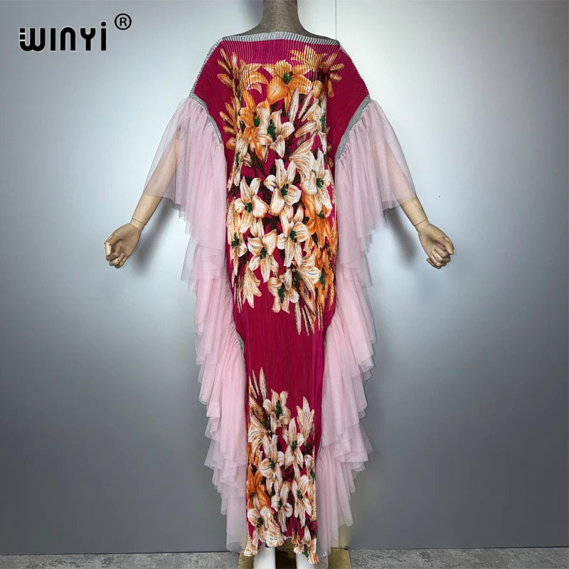 Pleated Elastic Slim Dress - Beach Cover Up Holiday Kaftan Abaya