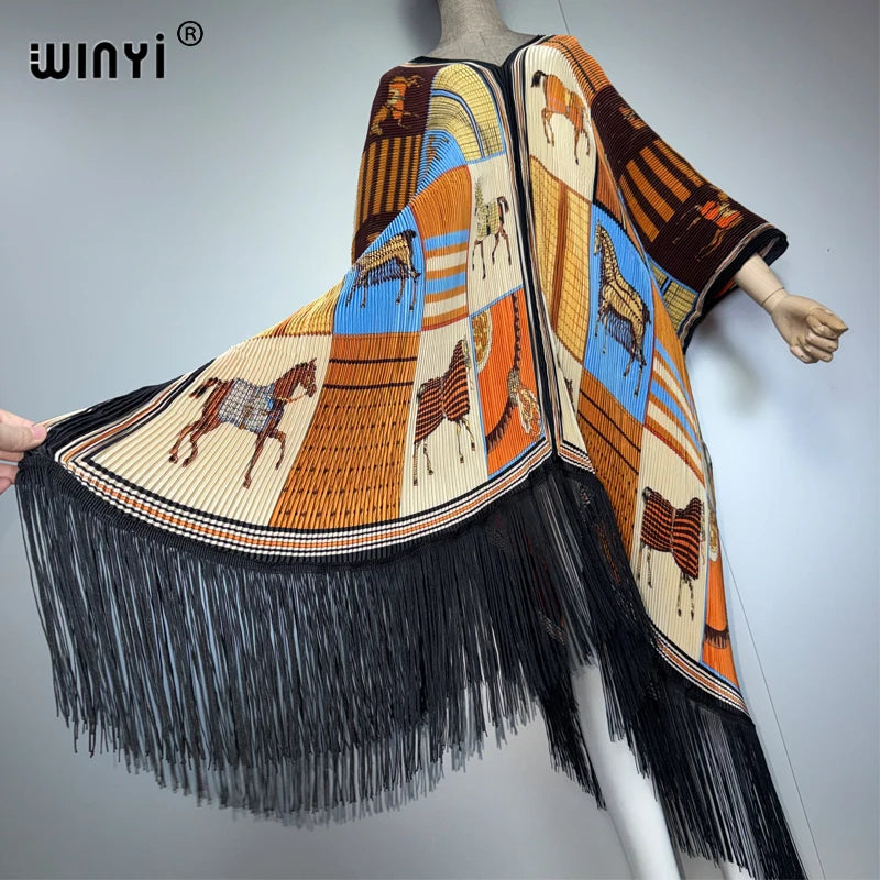 WINYI Africa tassel Pleated loose dress boho beach Cover-up muslim fashion kaftan abaya dubai luxury holiday evening dress