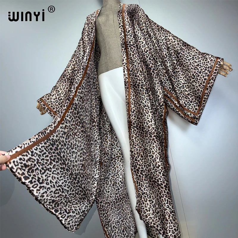 WINYI Kimono African Women abaya muslim woman Cardigan Female leopard print Loose party kaftan Casual beach Cover Up boho dress