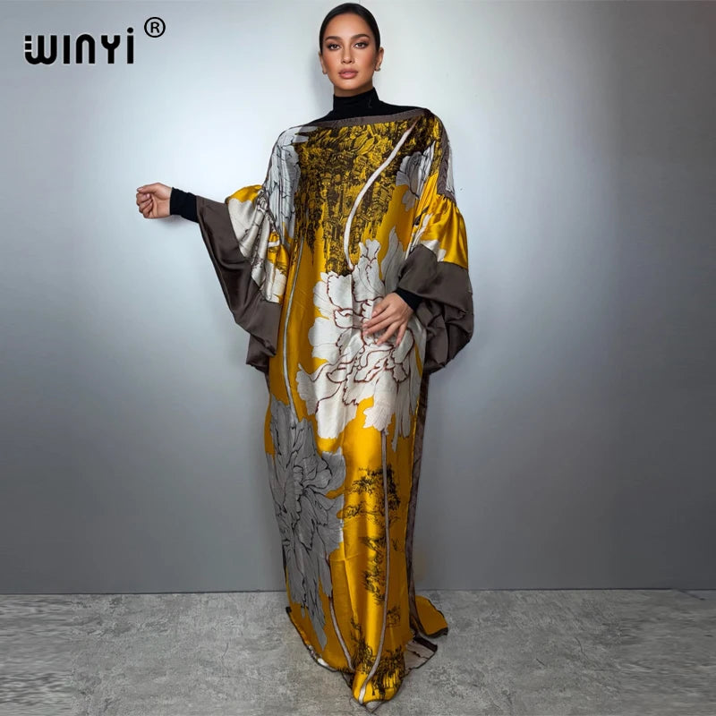 Puff Sleeves Evening Dress - Loose Print Kaftan Party Abaya
