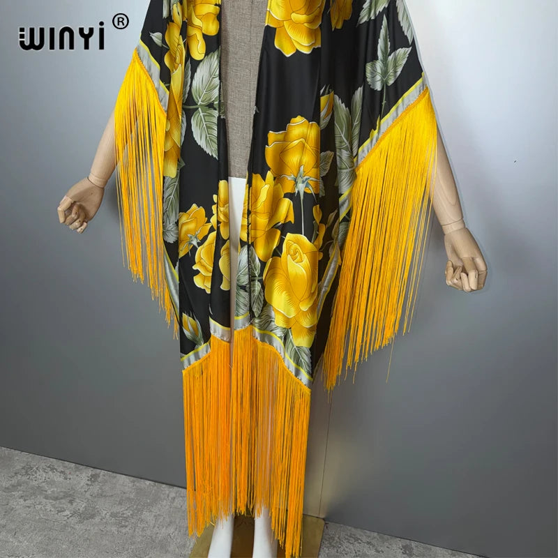 Africa Kimono Bohemia Print Bikini Cover-Up - Tassel Maxi