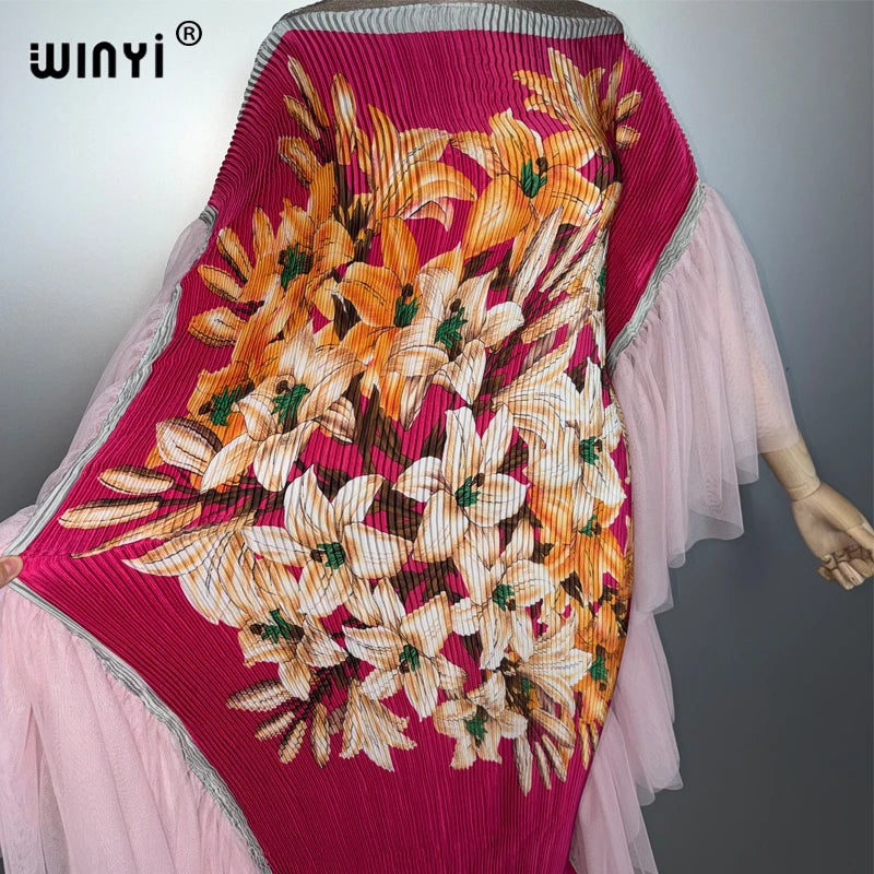 Pleated Elastic Slim Dress - Beach Cover Up Holiday Kaftan Abaya