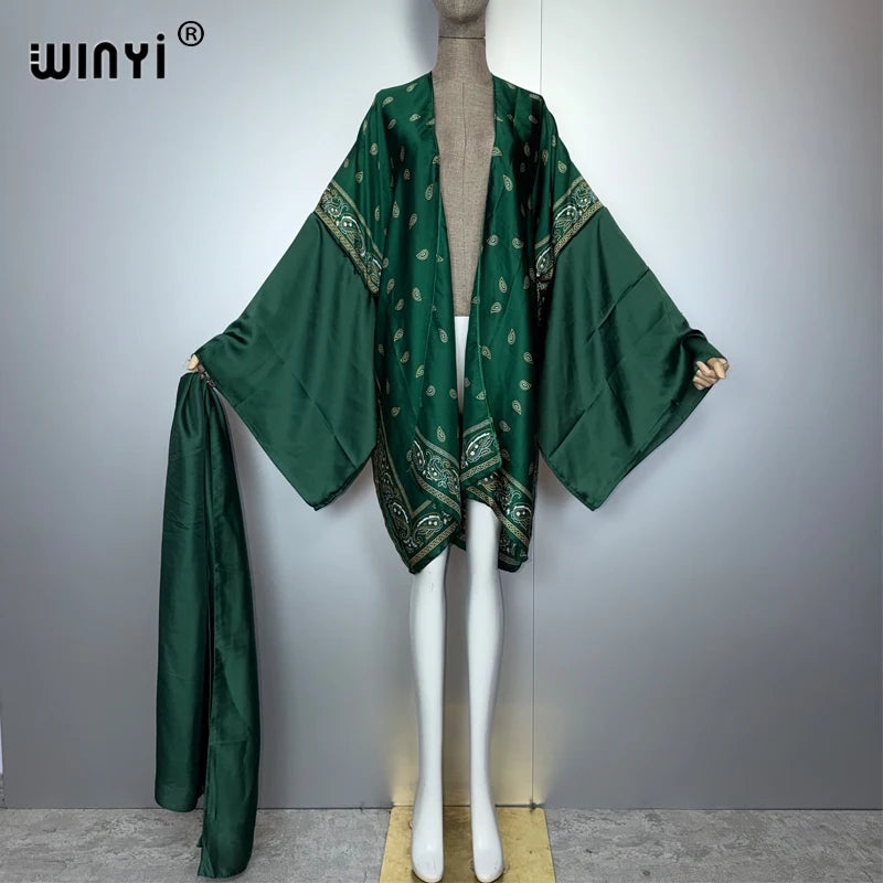 Fashion Kimono Beach Cover Up - Swim Suit Self Belt Holiday Coat