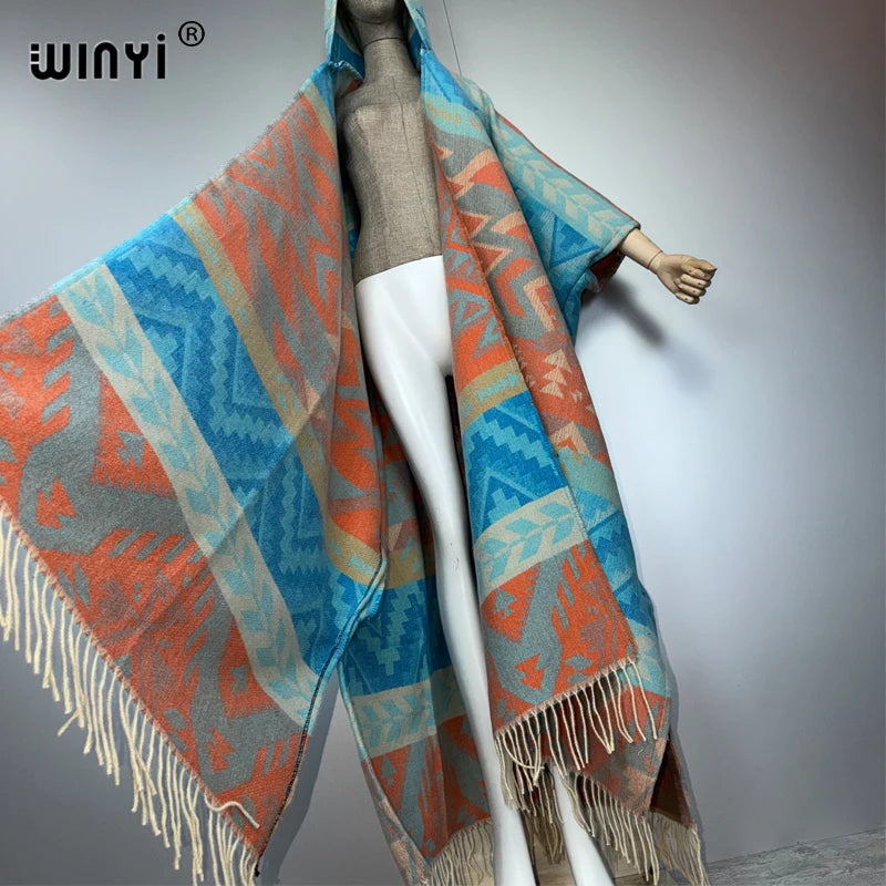 African Boho Hooded Cardigan - Warm Abaya Kimono Poncho