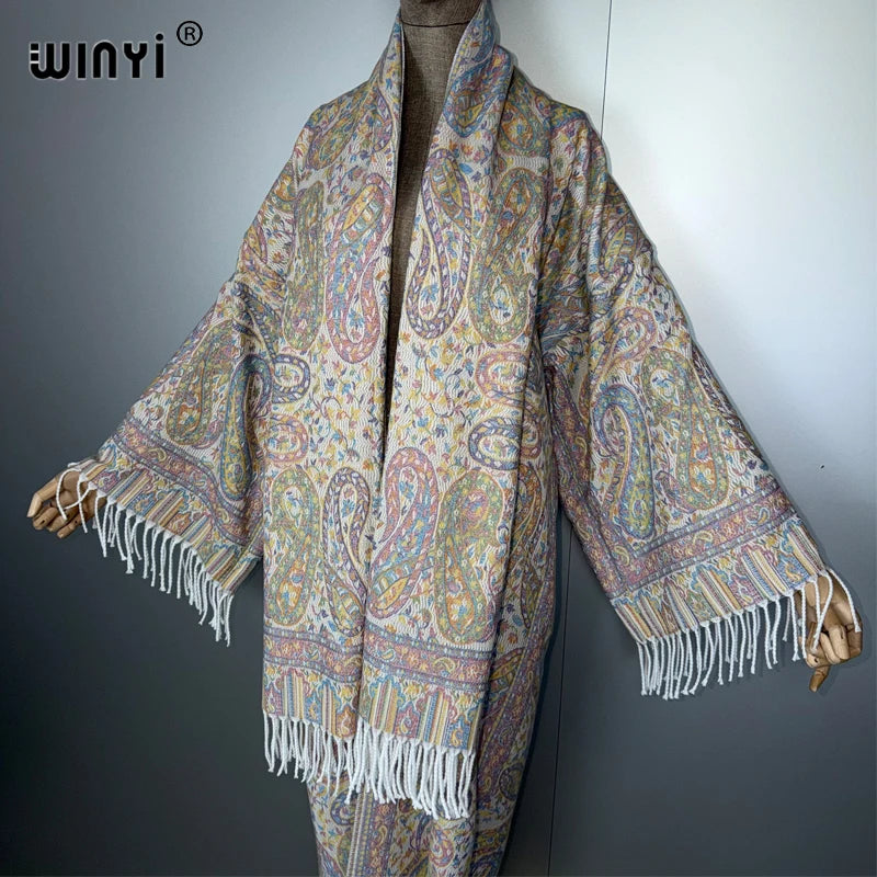 WINYI Autumn Women tassel kimono with scarf Long Coat elegant cardigan femme Thick Warm winter fashion kaftan abaya dubai luxury