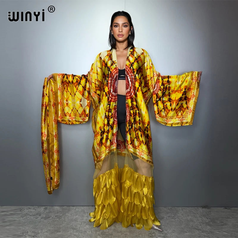 Printed Holiday Kimono - Long Sleeve Boho Abaya Cover Up