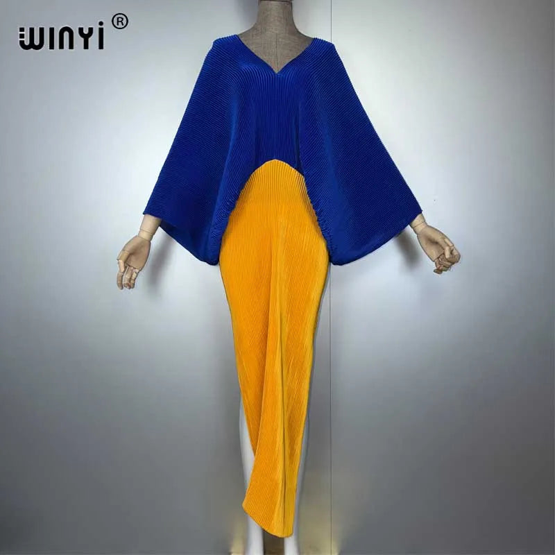 Women Elastic Long Dress - Loose Boho Robe Pleated Kaftan