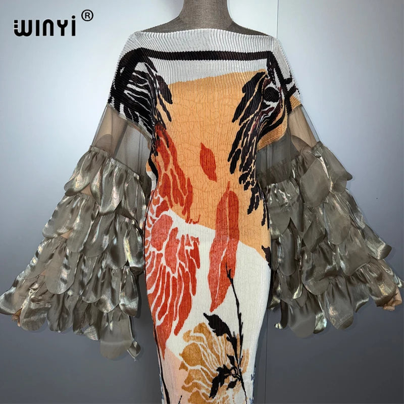 Elastic Slim Pleated Dress - Beach Cover Up Boho Kaftan Abaya