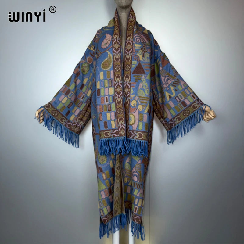 Autumn Tassel Kimono with Scarf - Warm Long Coat