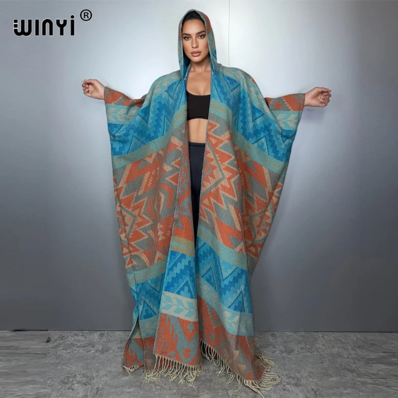 African Boho Hooded Cardigan - Warm Abaya Kimono Poncho