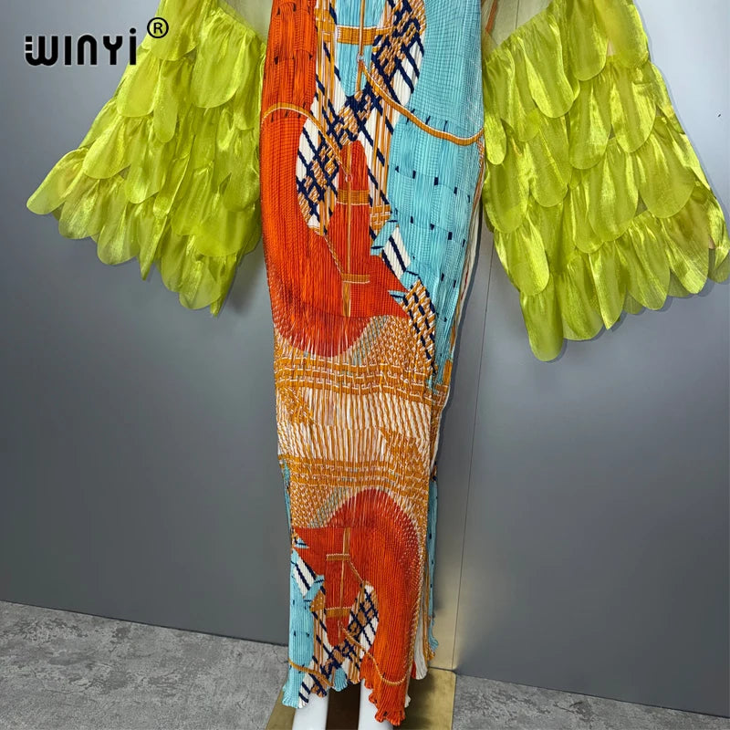 Elastic Slim Pleated Dress - Boho Beach Kaftan Abaya