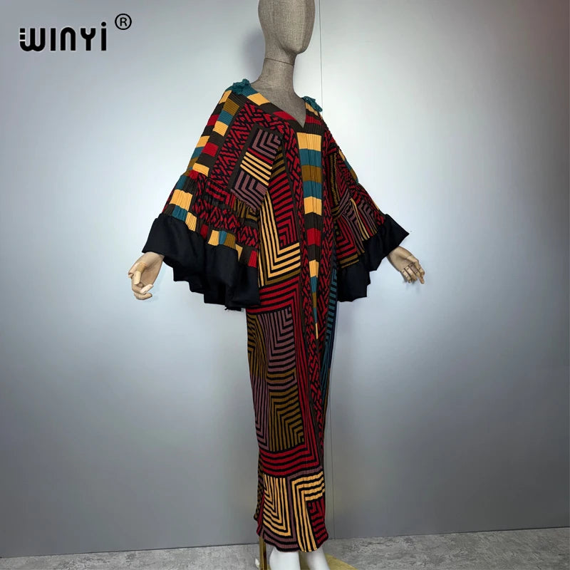 Pleated Elastic Puff Sleeves Dress - Boho Beach Kaftan Abaya