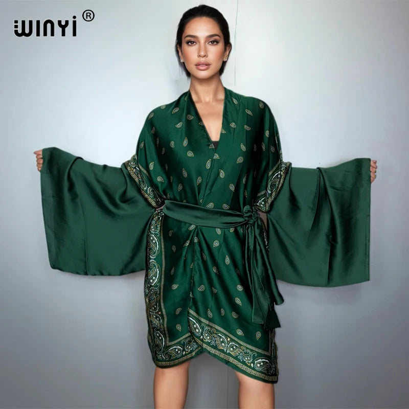 Fashion Kimono Beach Cover Up - Swim Suit Self Belt Holiday Coat