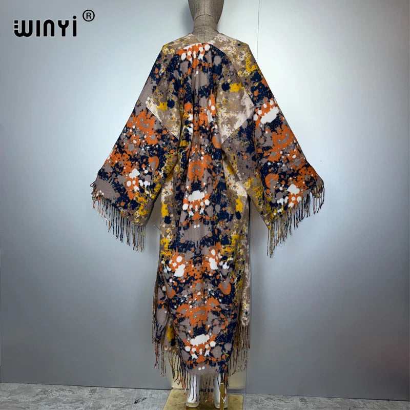 Print Tassel Winter Long Cardigan - African Kimono Overcoat