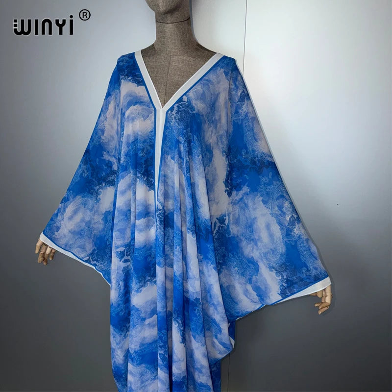 V-neck Dress Arabic Traditional Print - Loose Holiday Beach Kaftan