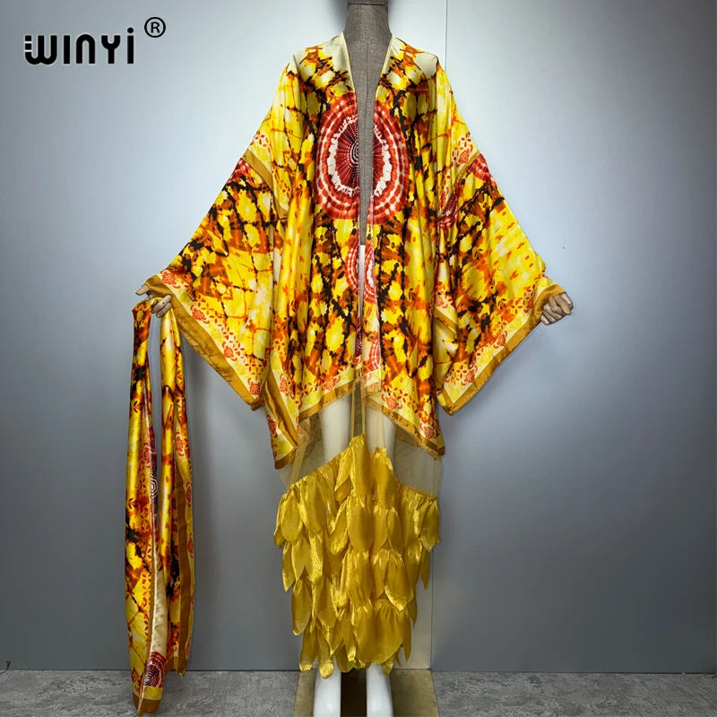 Printed Holiday Kimono - Long Sleeve Boho Abaya Cover Up