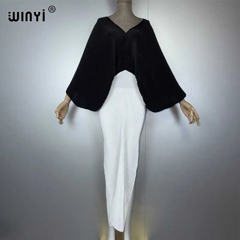Women Elastic Long Dress - Loose Boho Robe Pleated Kaftan