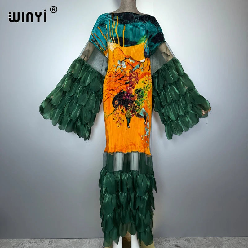 Pleated Elastic Slim Dress - Beach Cover Up Kaftan Abaya