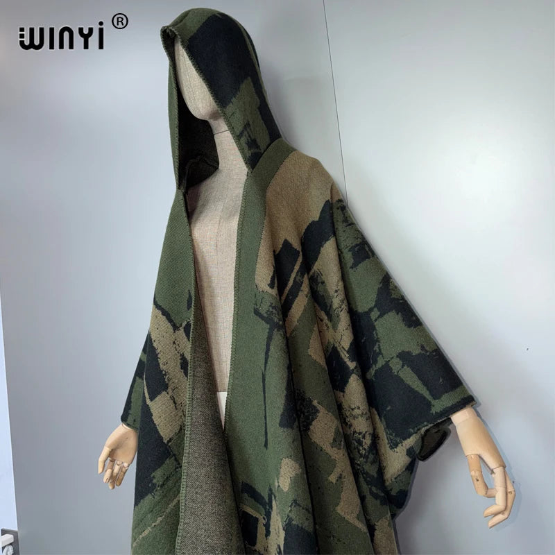 Print Coat Tassels Hooded - Warm Poncho Kaftan Abaya