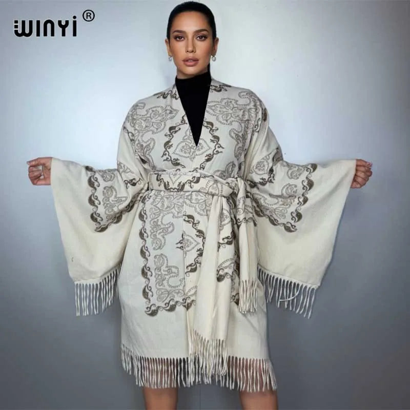 Tassel Embroidery Long Sleeve Coat - Warm Robe Cardigan Abaya