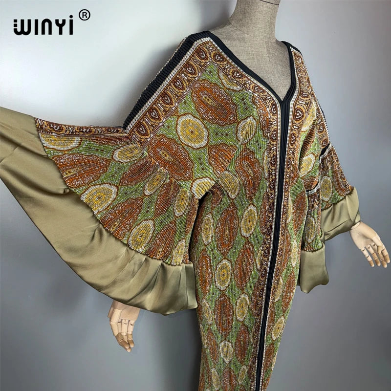 Pleated Elastic Boho Dress - Casual Beach Kaftan Abaya
