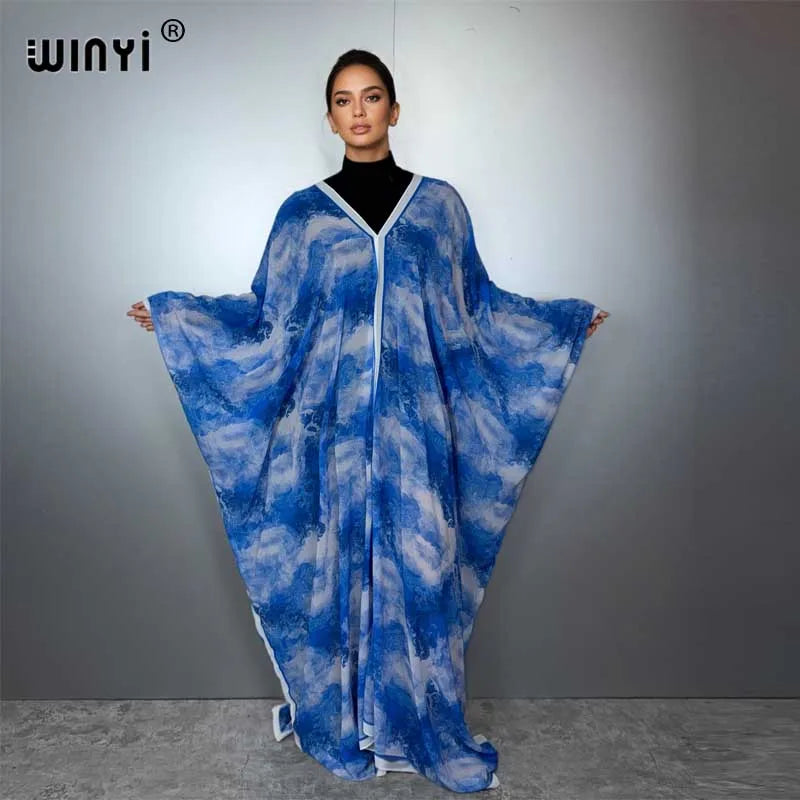 V-neck Dress Arabic Traditional Print - Loose Holiday Beach Kaftan