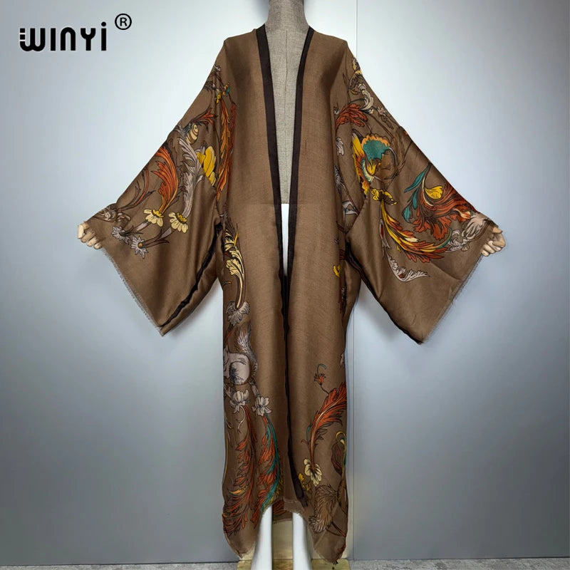 WINYI Africa boho kimono maxi dress beach cover up Cardigan maxi coat print kaftan beach outfits women muslim abaya dubai luxury