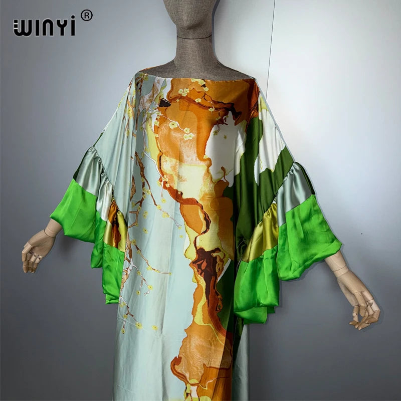 Boho Puff Sleeves Evening Dress - Beach Print Kaftan Abaya
