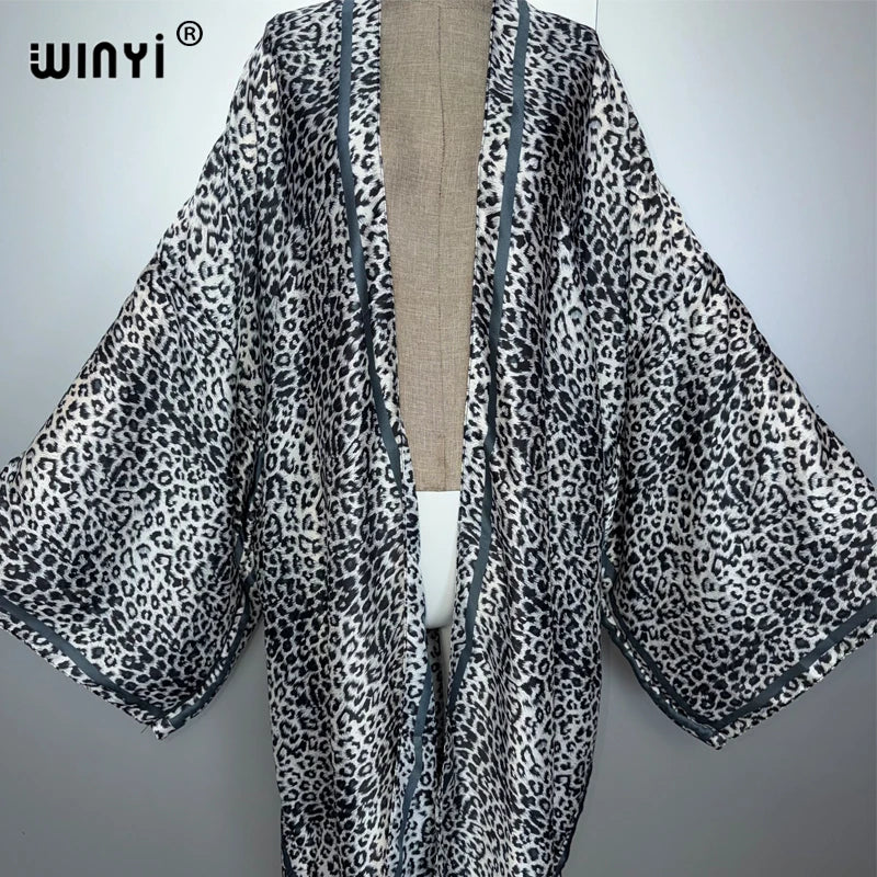 WINYI Kimono African Women abaya muslim woman Cardigan Female leopard print Loose party kaftan Casual beach Cover Up boho dress
