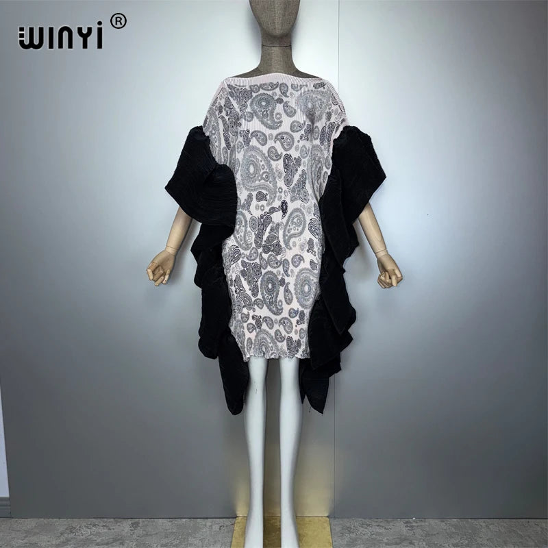 Africa Pleated Elastic Short Dress - Casual Beach Kaftan Abaya