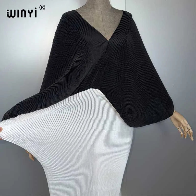 Women Elastic Long Dress - Loose Boho Robe Pleated Kaftan