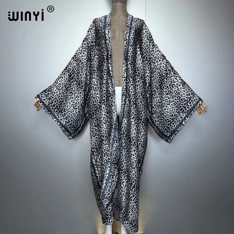 WINYI Kimono African Women abaya muslim woman Cardigan Female leopard print Loose party kaftan Casual beach Cover Up boho dress