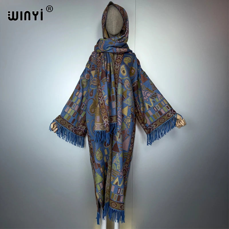 Autumn Tassel Kimono with Scarf - Warm Long Coat
