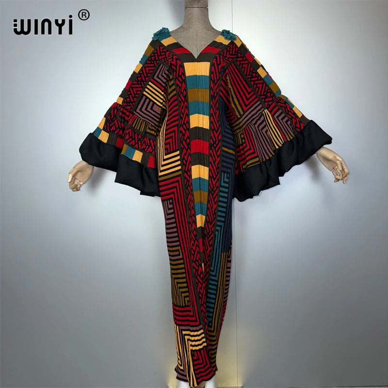 Pleated Elastic Puff Sleeves Dress - Boho Beach Kaftan Abaya