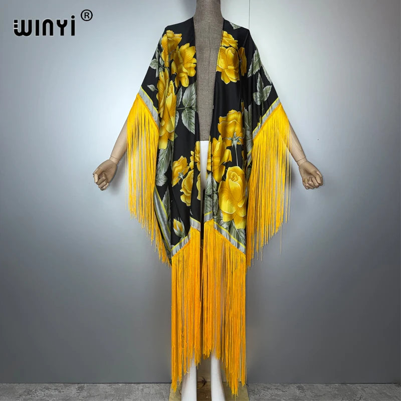 Africa Kimono Bohemia Print Bikini Cover-Up - Tassel Maxi