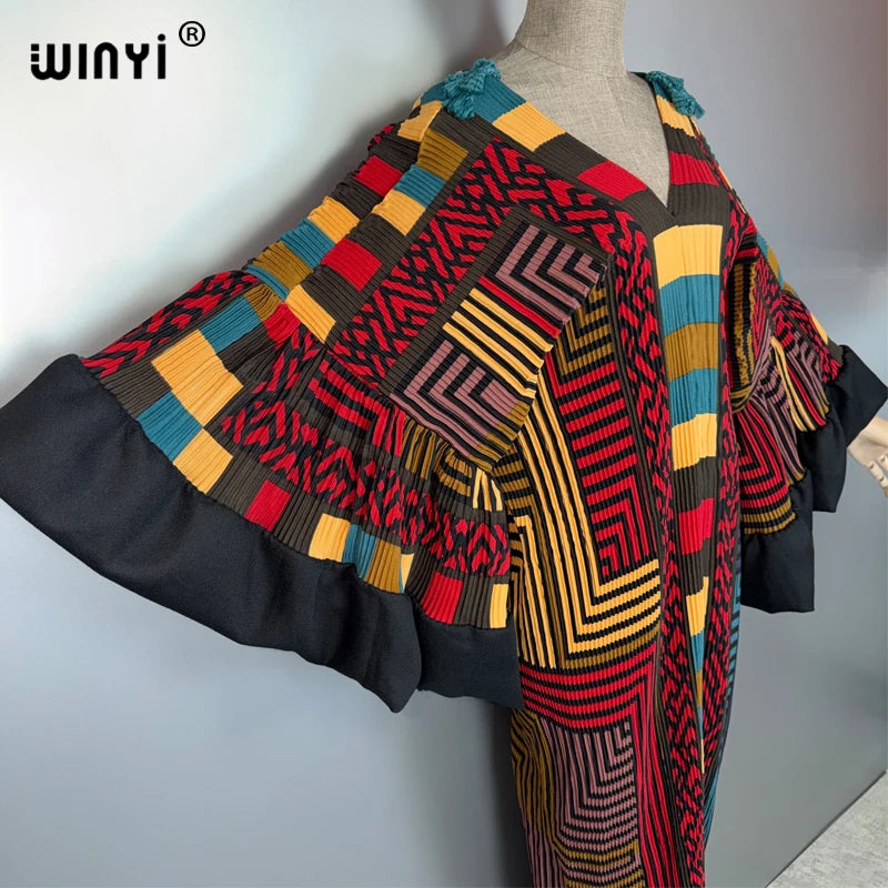 Pleated Elastic Puff Sleeves Dress - Boho Beach Kaftan Abaya
