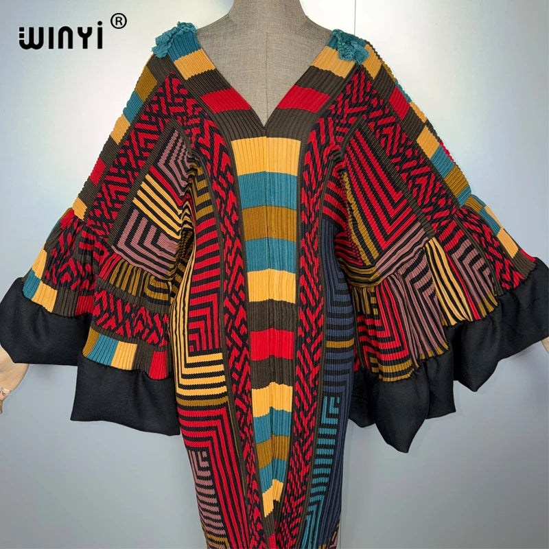 Pleated Elastic Puff Sleeves Dress - Boho Beach Kaftan Abaya