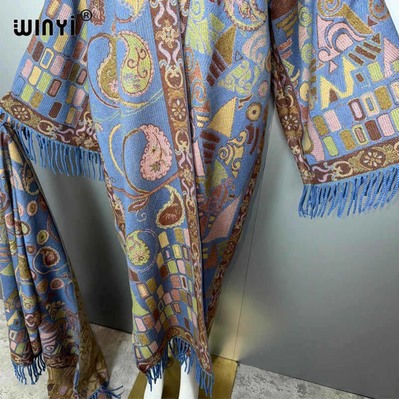 Autumn Tassel Kimono with Scarf - Warm Long Coat