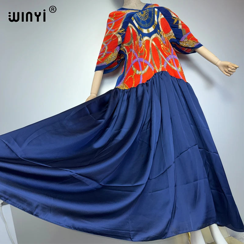 WINYI spring Pleated Elastic slim dress holiday beach wear fashion kaftan abaya dubai luxury party dresses boho evening dress