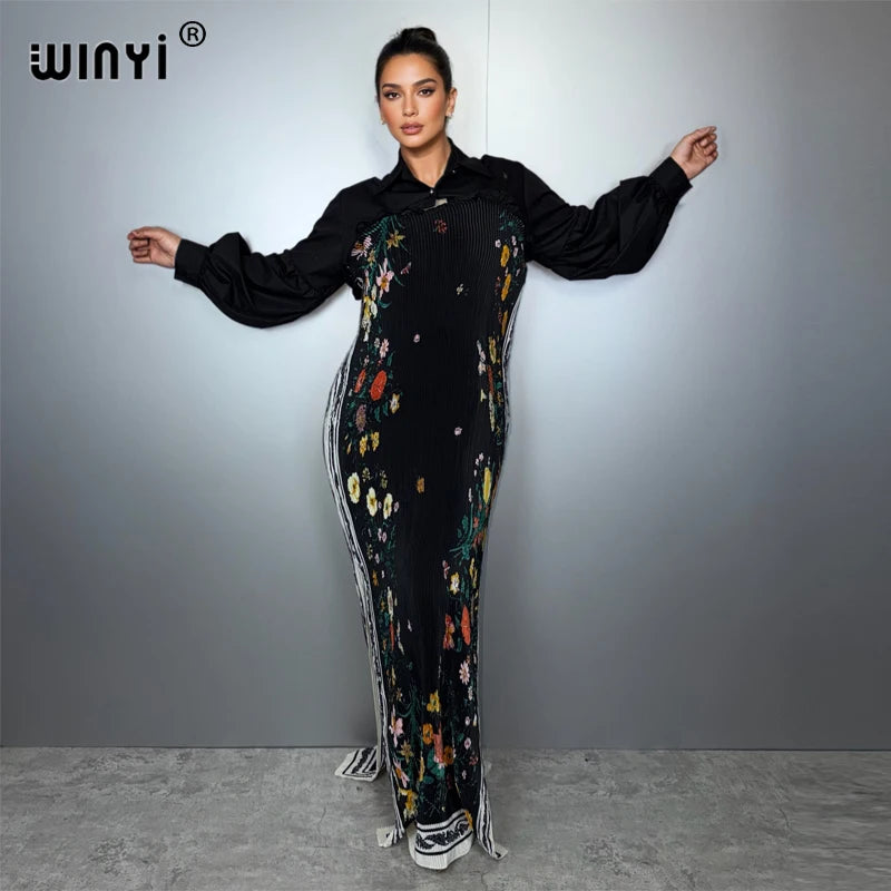 Elastic Slim Dress Street Wear Print - Muslim Lady Kaftan Abaya