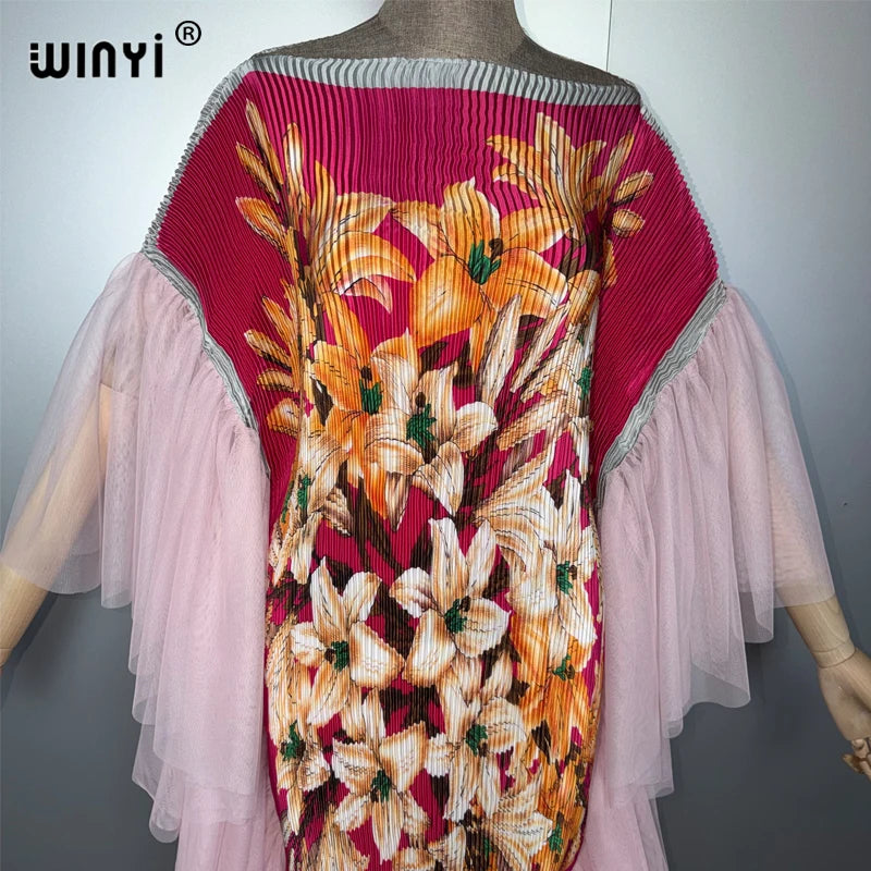 Pleated Elastic Slim Dress - Beach Cover Up Holiday Kaftan Abaya