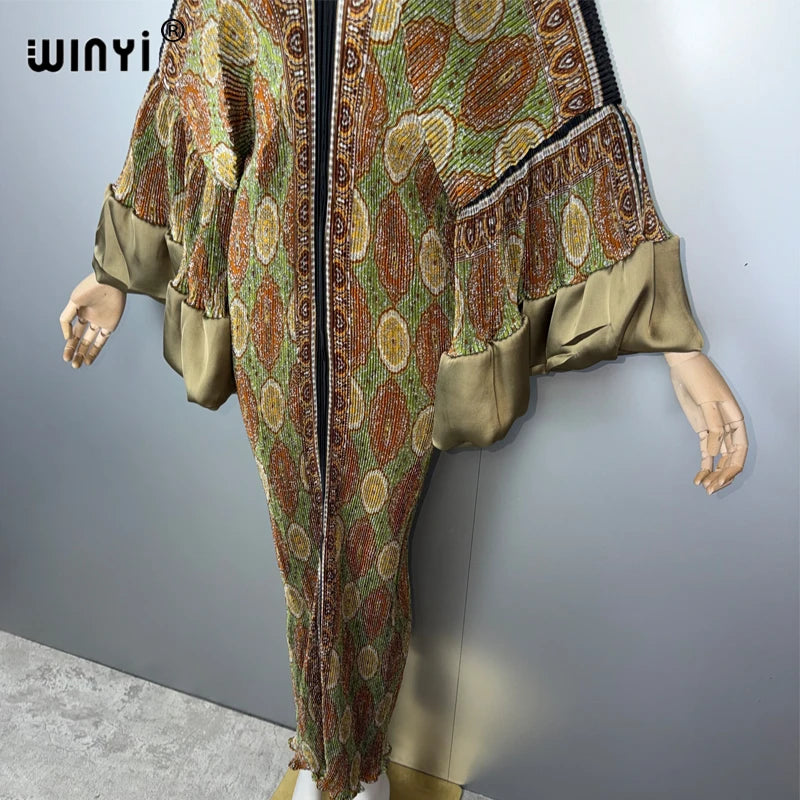 Pleated Elastic Boho Dress - Casual Beach Kaftan Abaya