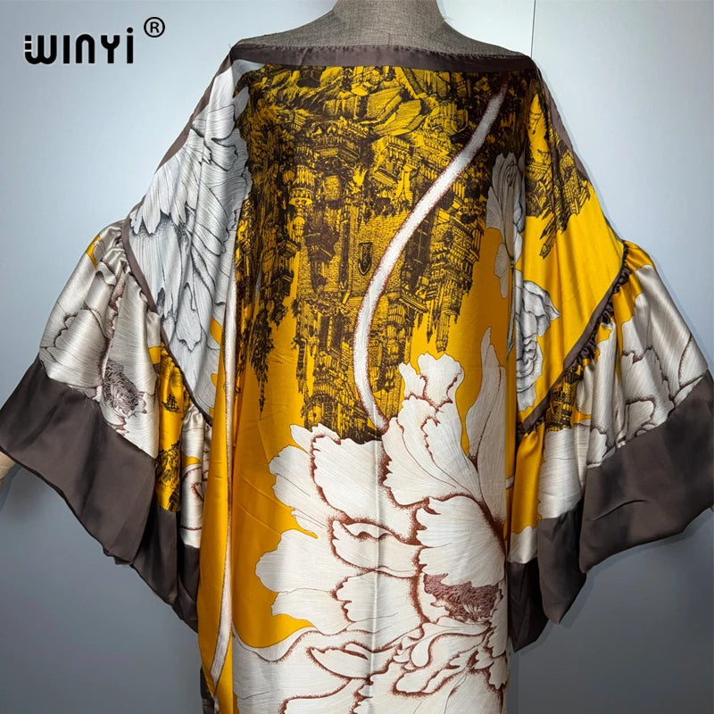 Puff Sleeves Evening Dress - Loose Print Kaftan Party Abaya