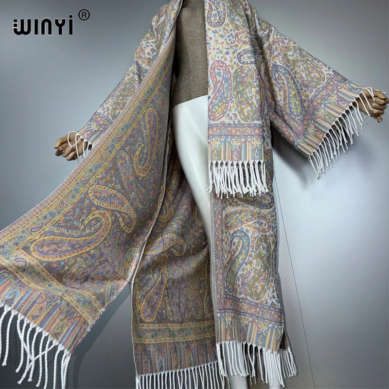 WINYI Autumn Women tassel kimono with scarf Long Coat elegant cardigan femme Thick Warm winter fashion kaftan abaya dubai luxury