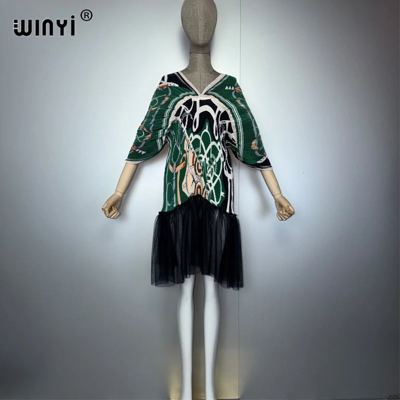 Pleated Slim Dress - Beach Cover Up Holiday Boho Kaftan
