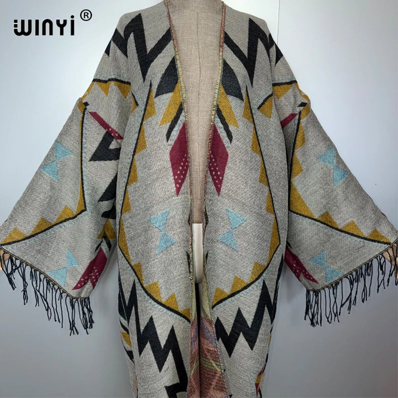 Autumn Tassel Kimono Print Long Coat - Warm Cardigan