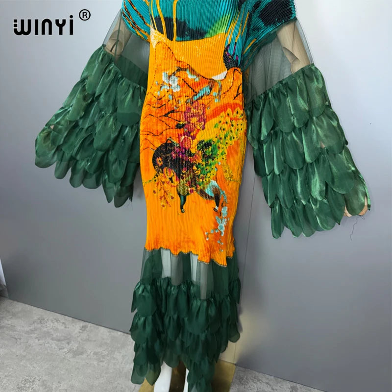 Pleated Elastic Slim Dress - Beach Cover Up Kaftan Abaya