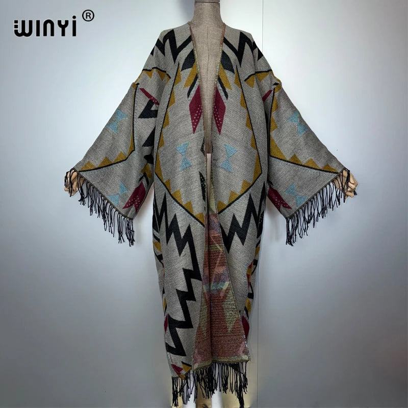Autumn Tassel Kimono Print Long Coat - Warm Cardigan