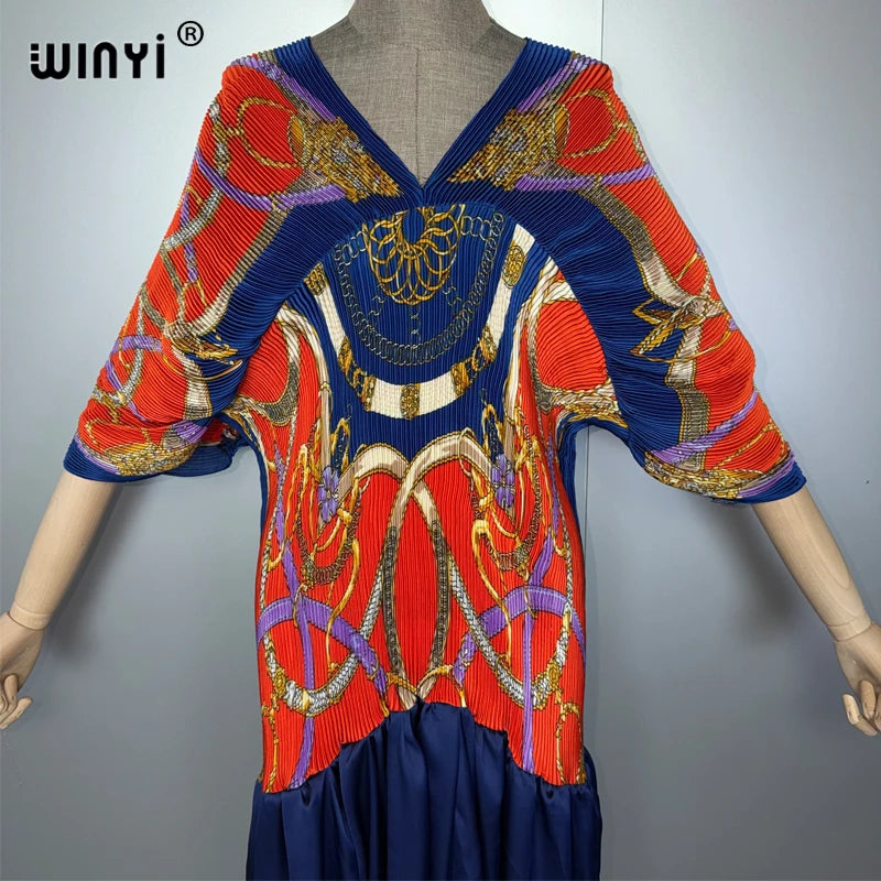 WINYI spring Pleated Elastic slim dress holiday beach wear fashion kaftan abaya dubai luxury party dresses boho evening dress