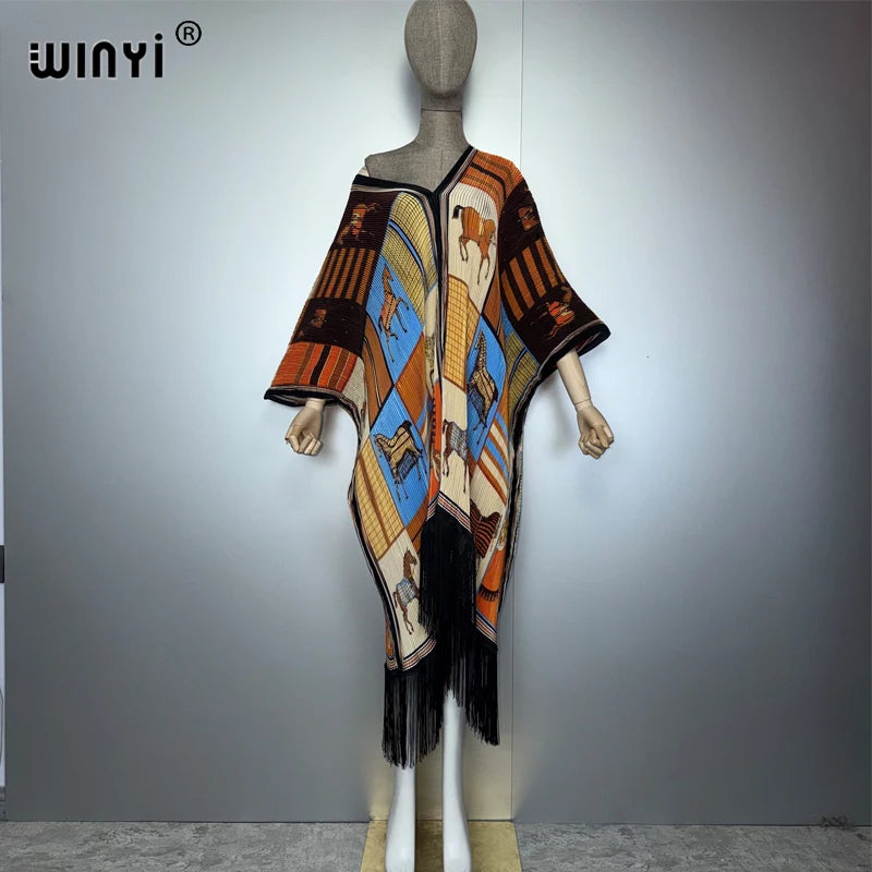 WINYI Africa tassel Pleated loose dress boho beach Cover-up muslim fashion kaftan abaya dubai luxury holiday evening dress